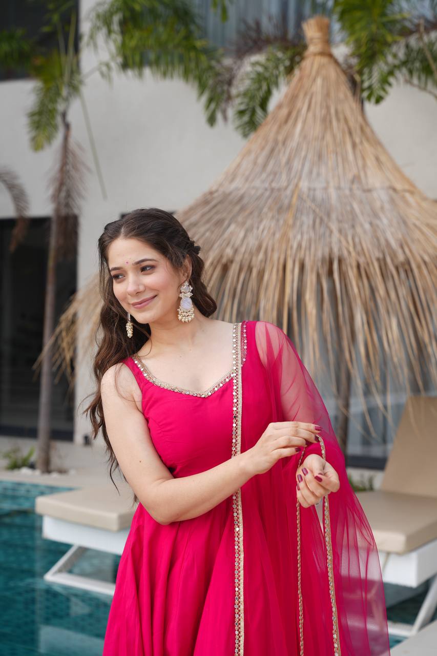 PURE ROMANSILK CHANDERI FABRIC BASE FULLY FLAIR ANARKALI SUIT SET OF 3