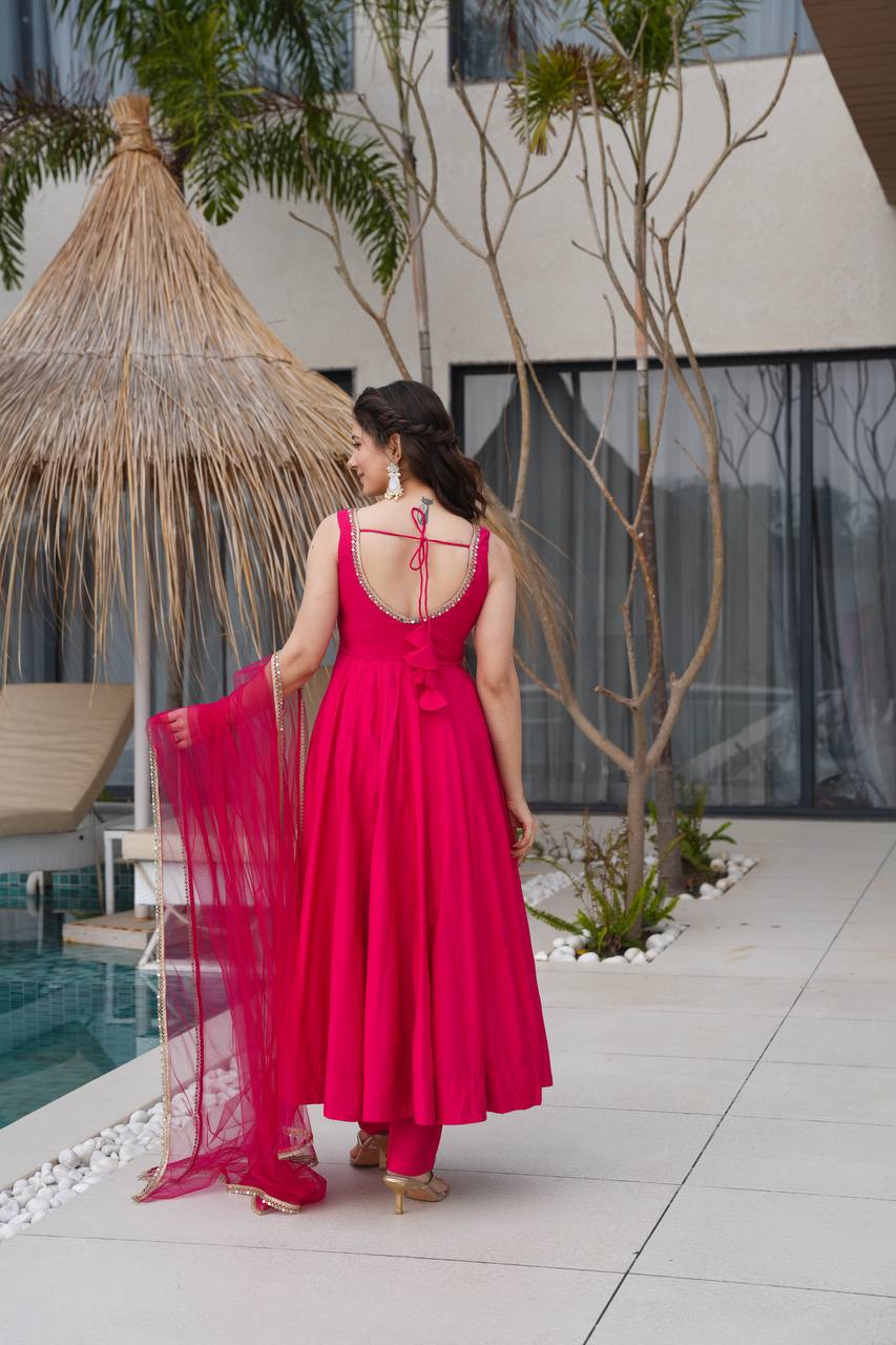 PURE ROMANSILK CHANDERI FABRIC BASE FULLY FLAIR ANARKALI SUIT SET OF 3