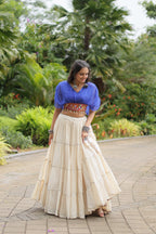 WHITE COLOR KORA COTTON LEHENGA WITH BLUE CHOLI
