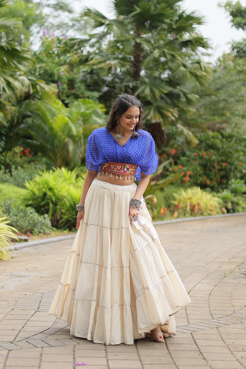 WHITE COLOR KORA COTTON LEHENGA WITH BLUE CHOLI