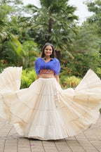WHITE COLOR KORA COTTON LEHENGA WITH BLUE CHOLI