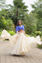 WHITE COLOR KORA COTTON LEHENGA WITH BLUE CHOLI
