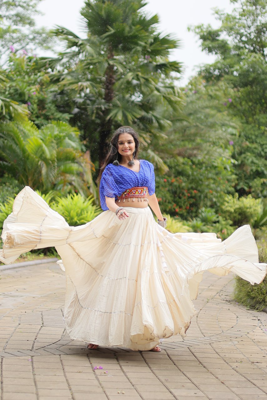 WHITE COLOR KORA COTTON LEHENGA WITH BLUE CHOLI