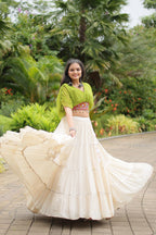 WHITE COLOR KORA COTTON LEHENGA WITH PARROT GREEN CHOLI