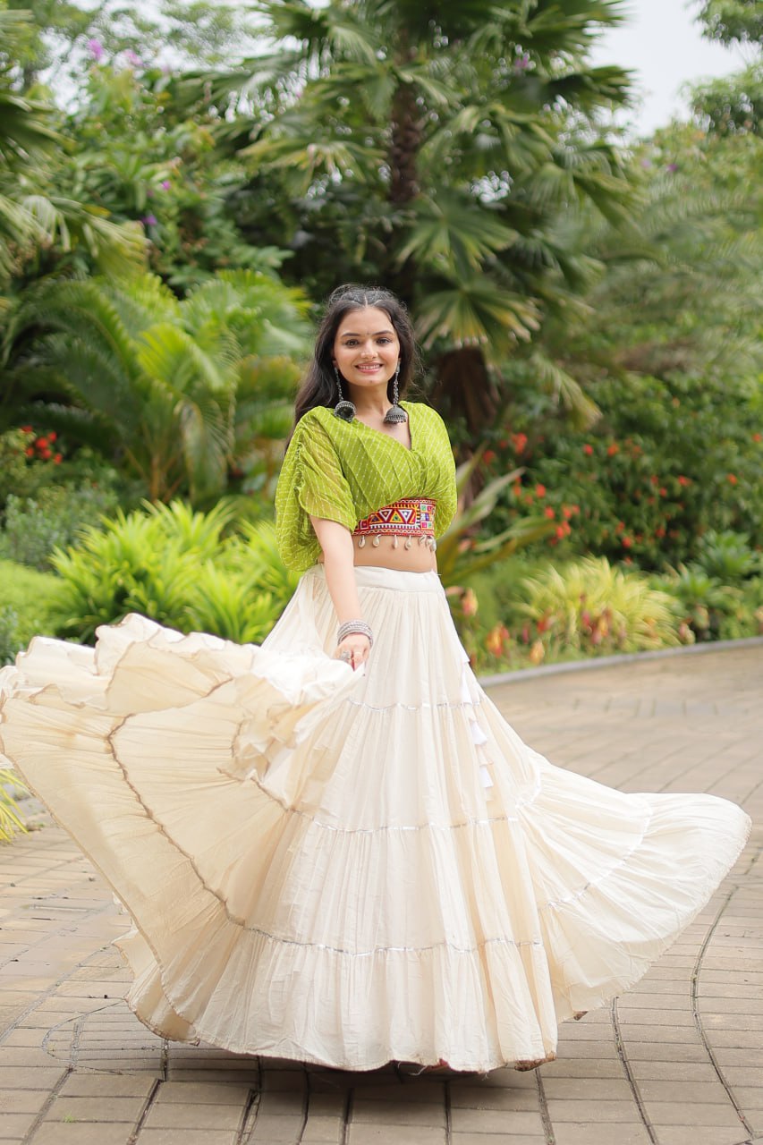 WHITE COLOR KORA COTTON LEHENGA WITH PARROT GREEN CHOLI