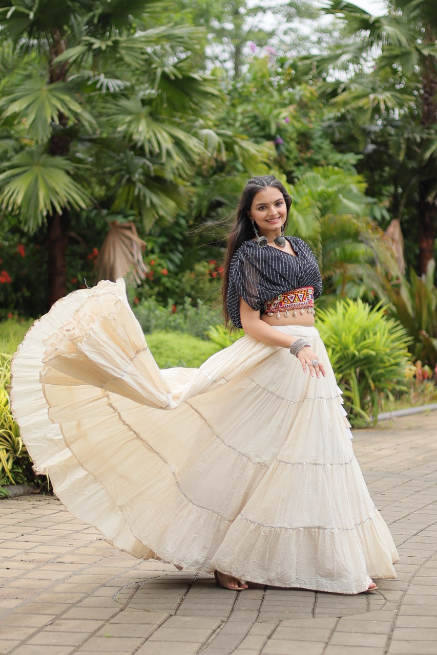 WHITE COLOR KORA COTTON LEHENGA WITH BLACK CHOLI