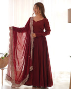 BEAUTIFUL MAROON COLOR PURE CHANDERI SILK THREE PIECE ANARKALI SUIT