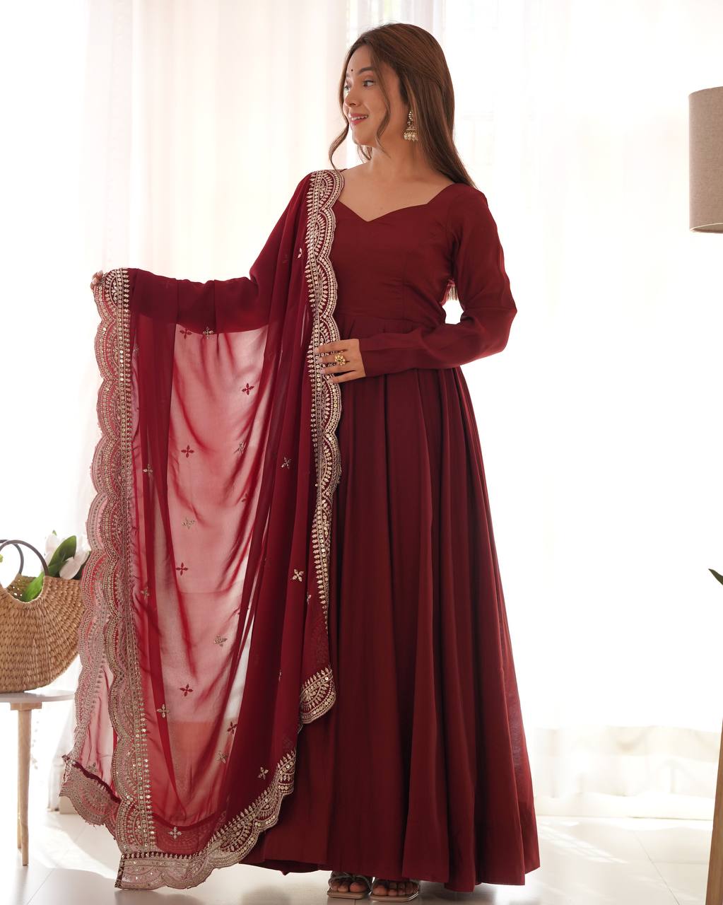 BEAUTIFUL MAROON COLOR PURE CHANDERI SILK THREE PIECE ANARKALI SUIT