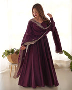 BEAUTIFUL WINE COLOR PURE CHANDERI SILK THREE PIECE ANARKALI SUIT