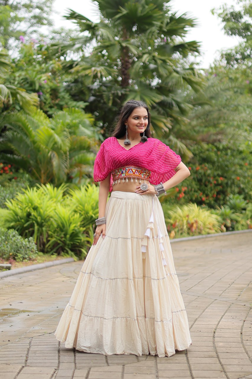 WHITE COLOR KORA COTTON LEHENGA WITH PINK CHOLI