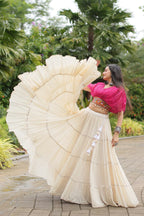 WHITE COLOR KORA COTTON LEHENGA WITH PINK CHOLI