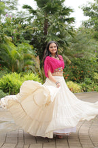 WHITE COLOR KORA COTTON LEHENGA WITH PINK CHOLI
