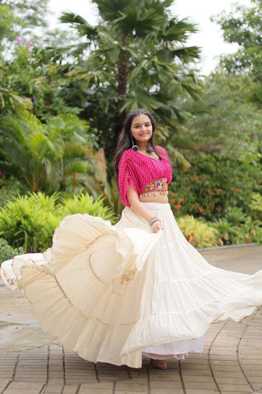 WHITE COLOR KORA COTTON LEHENGA WITH PINK CHOLI