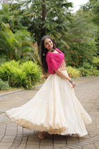 WHITE COLOR KORA COTTON LEHENGA WITH PINK CHOLI