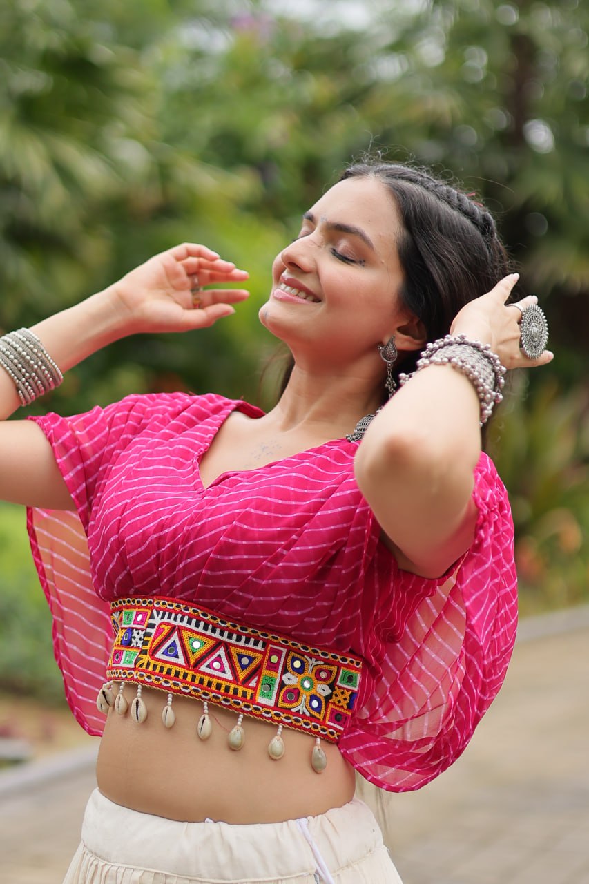 WHITE COLOR KORA COTTON LEHENGA WITH PINK CHOLI