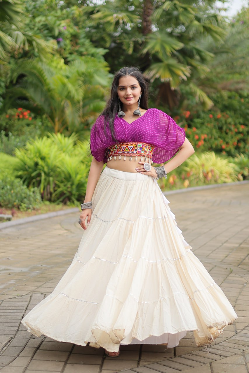 WHITE COLOR KORA COTTON LEHENGA WITH PURPLE CHOLI