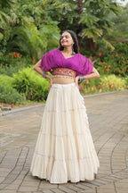 WHITE COLOR KORA COTTON LEHENGA WITH PURPLE CHOLI
