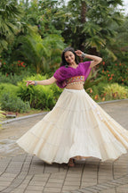 WHITE COLOR KORA COTTON LEHENGA WITH PURPLE CHOLI