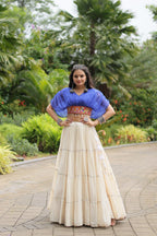 WHITE COLOR KORA COTTON LEHENGA WITH BLUE CHOLI