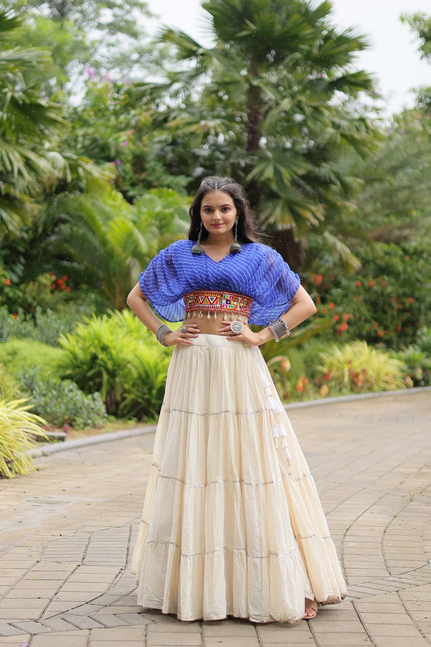 WHITE COLOR KORA COTTON LEHENGA WITH BLUE CHOLI