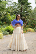 WHITE COLOR KORA COTTON LEHENGA WITH BLUE CHOLI