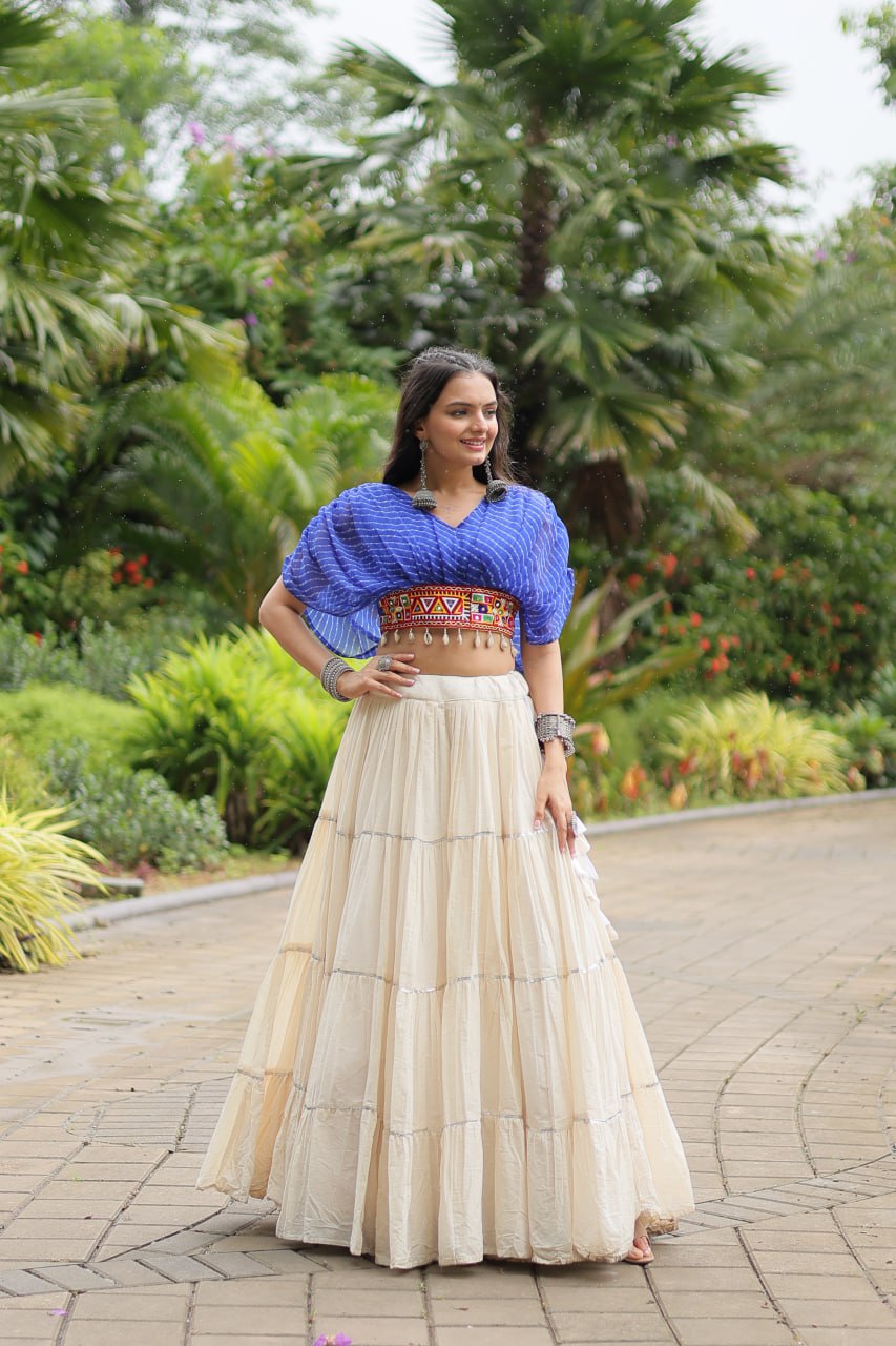 WHITE COLOR KORA COTTON LEHENGA WITH BLUE CHOLI