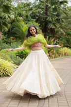 WHITE COLOR KORA COTTON LEHENGA WITH PARROT GREEN CHOLI