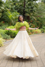 WHITE COLOR KORA COTTON LEHENGA WITH PARROT GREEN CHOLI