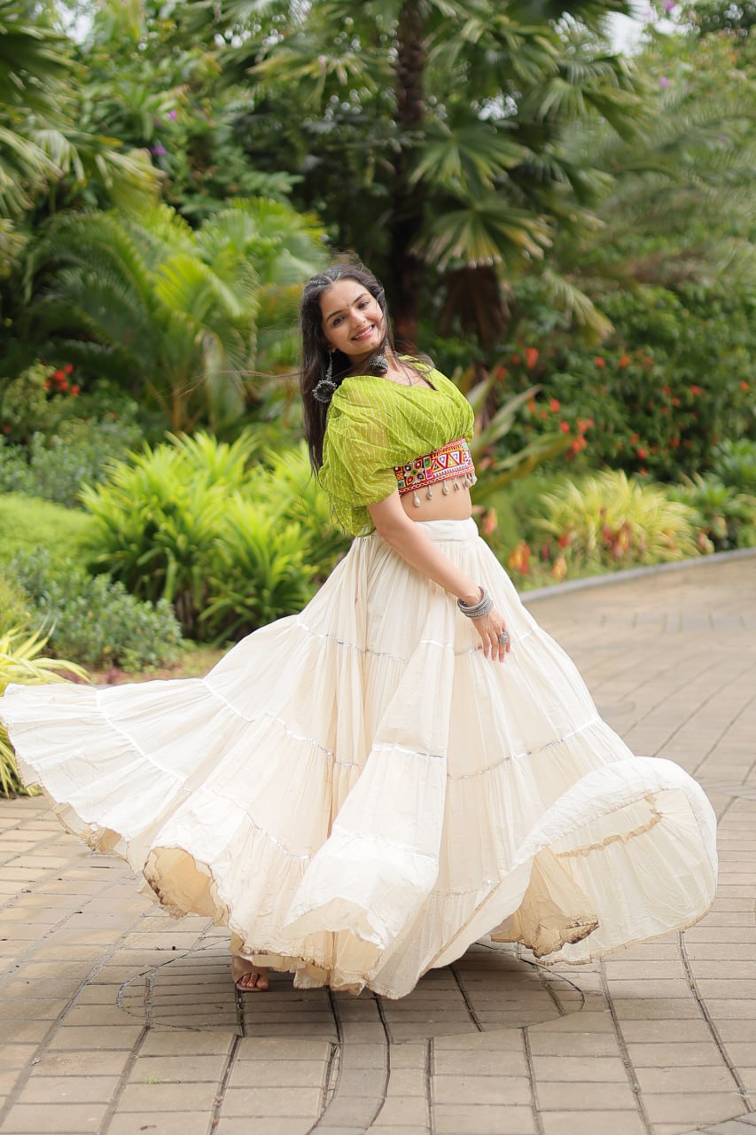 WHITE COLOR KORA COTTON LEHENGA WITH PARROT GREEN CHOLI