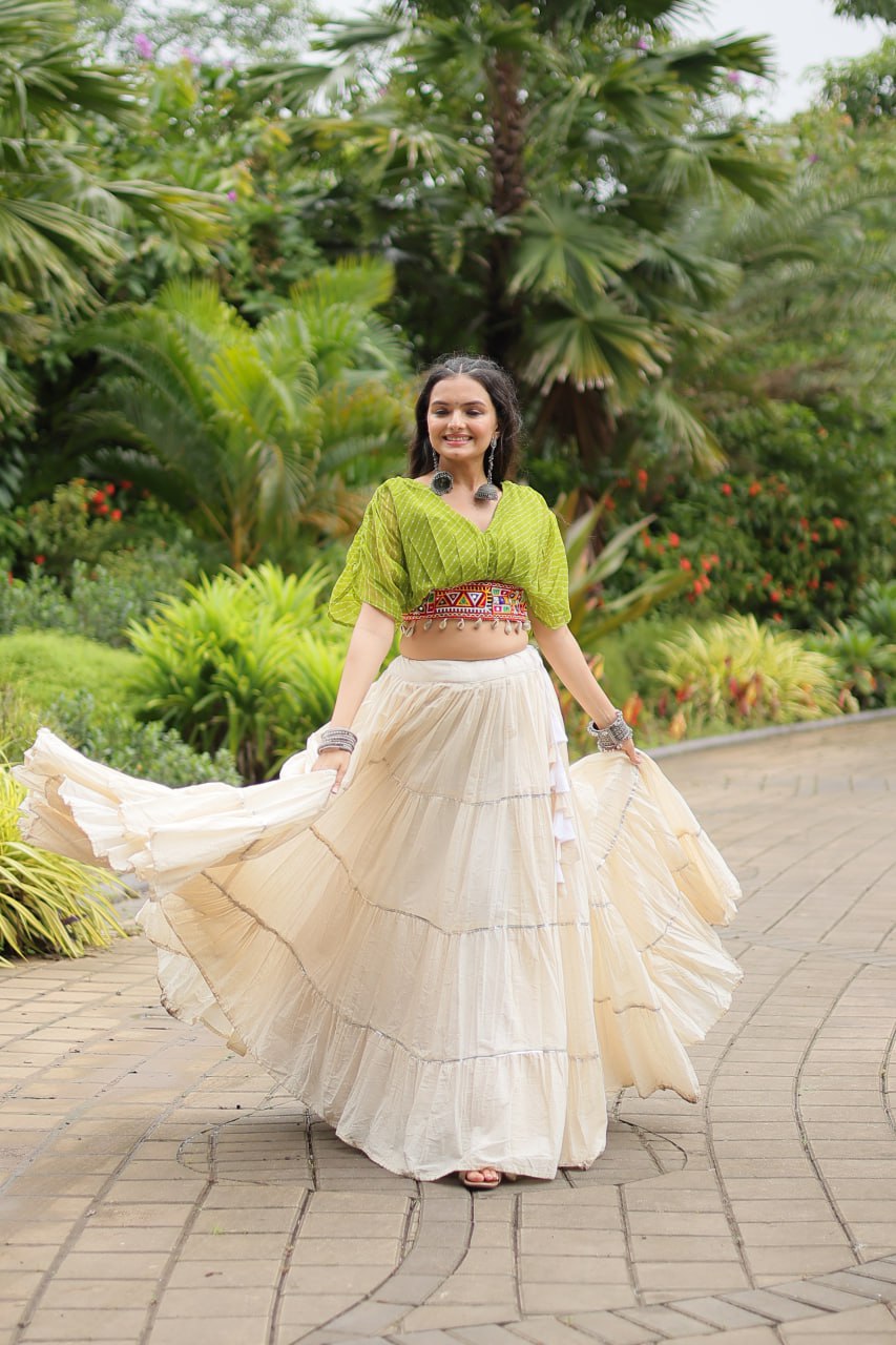 WHITE COLOR KORA COTTON LEHENGA WITH PARROT GREEN CHOLI