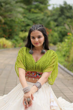 WHITE COLOR KORA COTTON LEHENGA WITH PARROT GREEN CHOLI