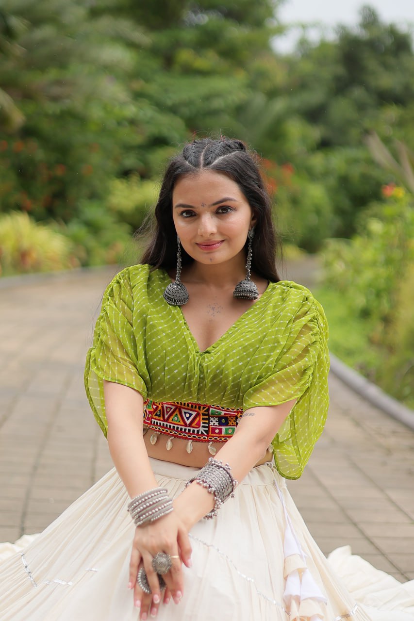 WHITE COLOR KORA COTTON LEHENGA WITH PARROT GREEN CHOLI