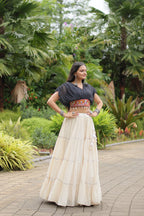 WHITE COLOR KORA COTTON LEHENGA WITH BLACK CHOLI