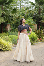 WHITE COLOR KORA COTTON LEHENGA WITH BLACK CHOLI