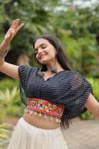 WHITE COLOR KORA COTTON LEHENGA WITH BLACK CHOLI