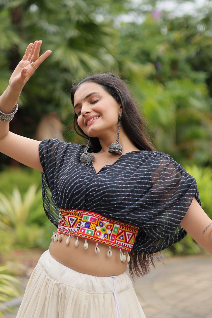 WHITE COLOR KORA COTTON LEHENGA WITH BLACK CHOLI