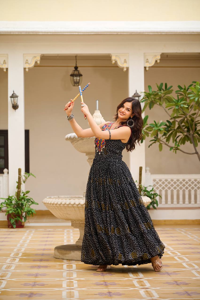 BLACK COLOR NAVRATRI SPECIAL GAMTHI WORK FULLY FLAIR GOWN