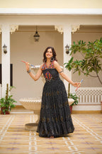 BLACK COLOR NAVRATRI SPECIAL GAMTHI WORK FULLY FLAIR GOWN