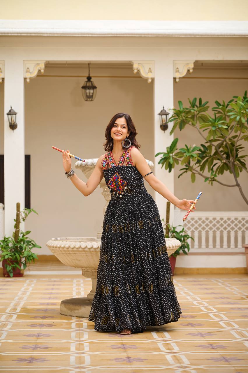 BLACK COLOR NAVRATRI SPECIAL GAMTHI WORK FULLY FLAIR GOWN