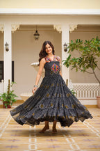 BLACK COLOR NAVRATRI SPECIAL GAMTHI WORK FULLY FLAIR GOWN