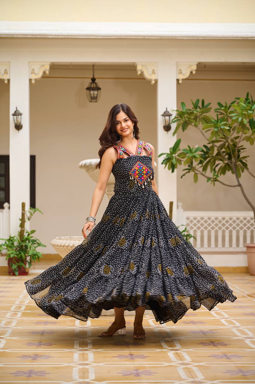 BLACK COLOR NAVRATRI SPECIAL GAMTHI WORK FULLY FLAIR GOWN