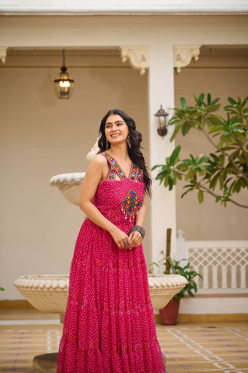 PINK COLOR NAVRATRI SPECIAL GAMTHI WORK FULLY FLAIR GOWN