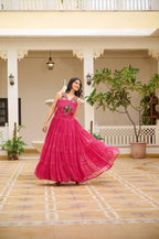 PINK COLOR NAVRATRI SPECIAL GAMTHI WORK FULLY FLAIR GOWN