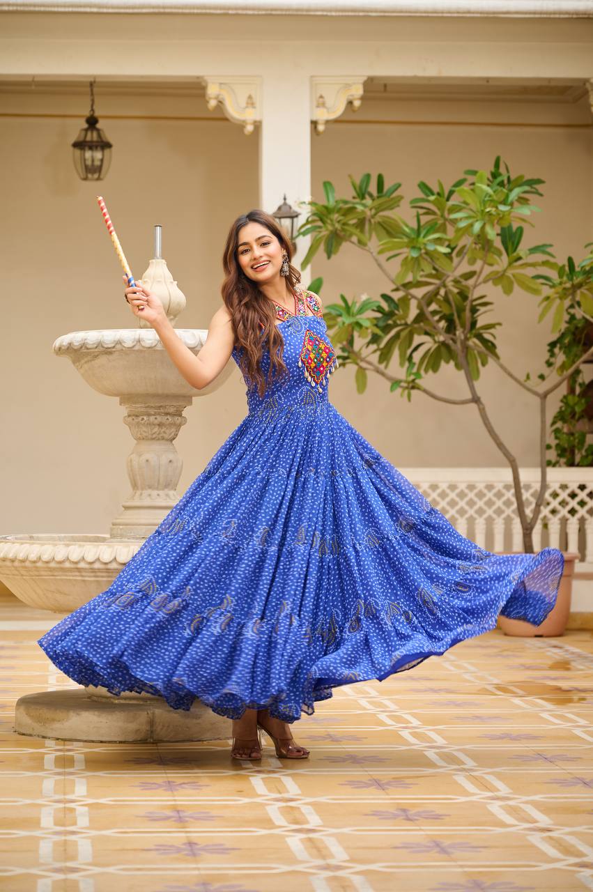 BLUE COLOR NAVRATRI SPECIAL GAMTHI WORK FULLY FLAIR GOWN