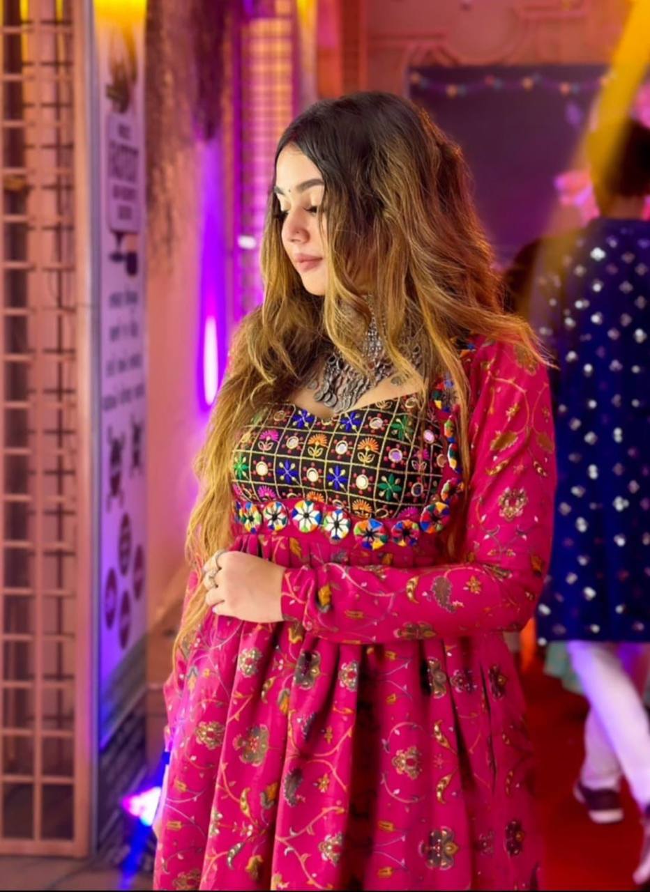 PINK COLOR DESIGNER RAYON FABRIC BASE NAVRATRI KURTI