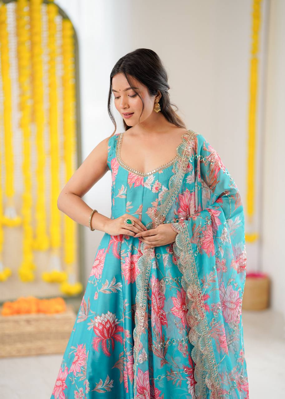 SKY GREEN FLORAL PRINTED SLEEVELESS ANARKALI SUIT SET