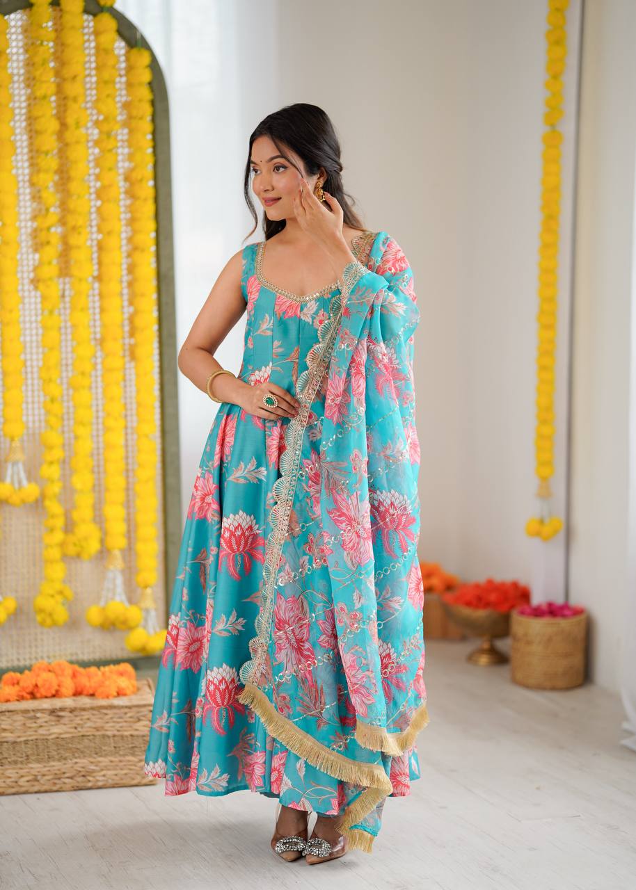 SKY GREEN FLORAL PRINTED SLEEVELESS ANARKALI SUIT SET