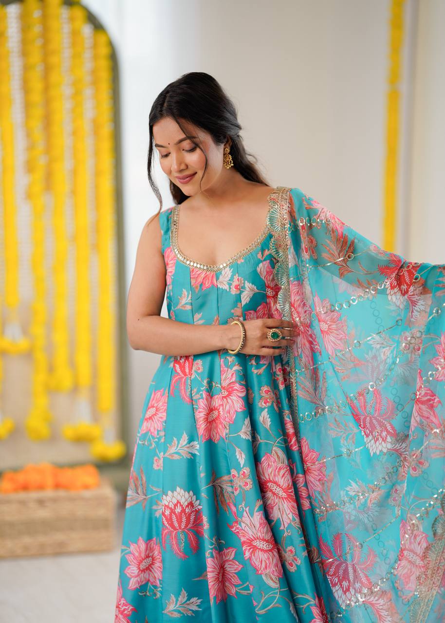 SKY GREEN FLORAL PRINTED SLEEVELESS ANARKALI SUIT SET