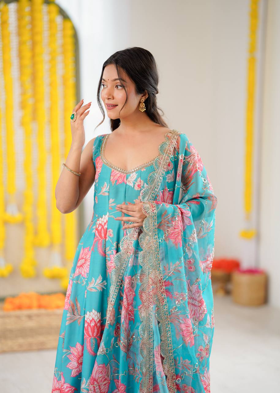 SKY GREEN FLORAL PRINTED SLEEVELESS ANARKALI SUIT SET
