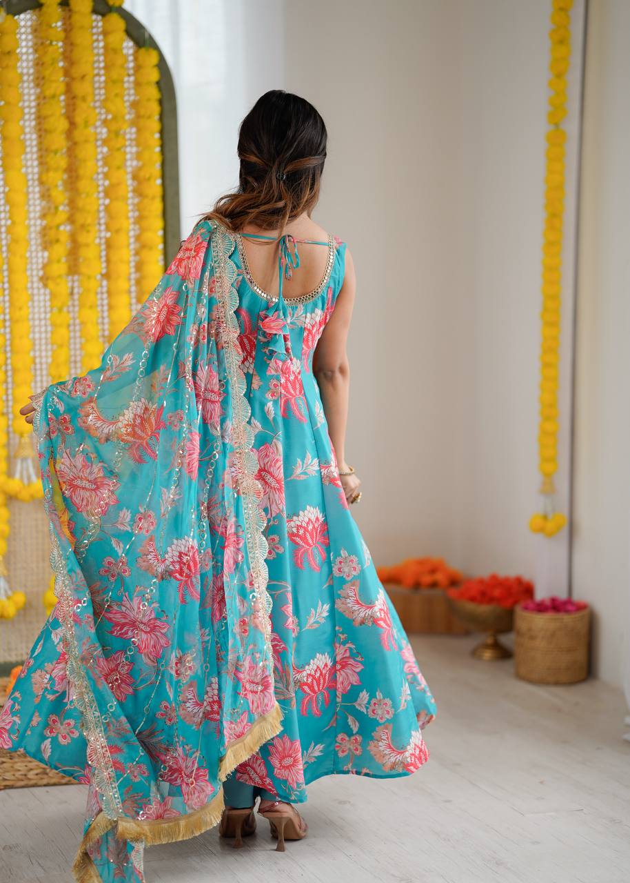 SKY GREEN FLORAL PRINTED SLEEVELESS ANARKALI SUIT SET